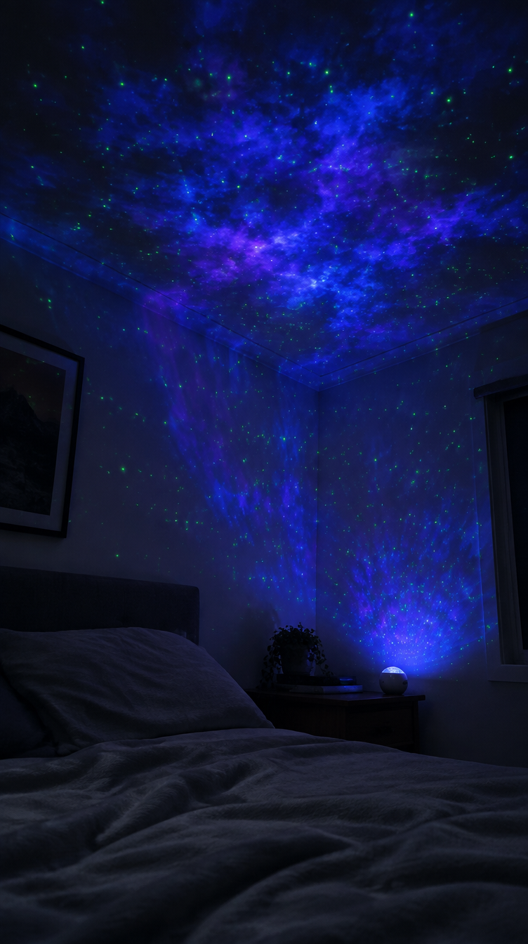 Projecteur Aurora SM Word allumé dans une chambre la nuit : nébuleuse bleue et points laser verts projetés sur le plafond et les murs