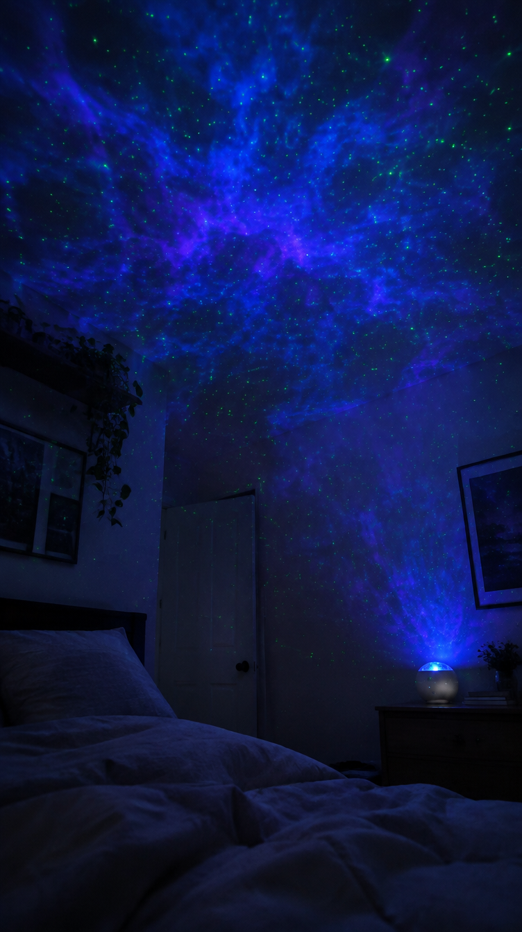 Ambiance galaxie projetée au plafond d'une chambre par le projecteur Aurora SM Word